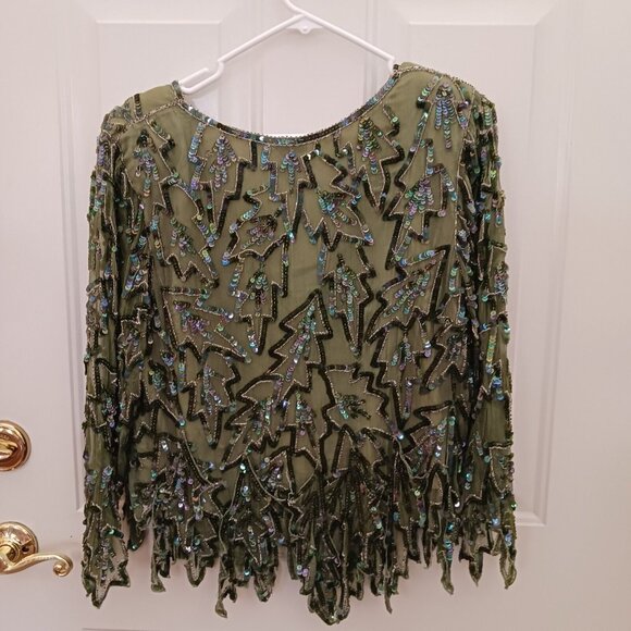 Maharaj Evening Sequin Silk Blouse V Neck Size Small Vintage Green - Picture 5 of 7